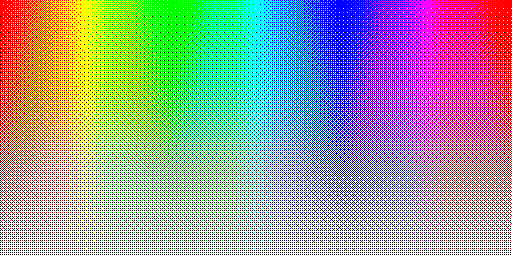 Color hues with RGB111 palette and silver background, using Bayer 8x8 ordered dithering