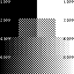 Grayscale color shades with black and white palette using rectangular 7x7 dotted halftone pattern dithering