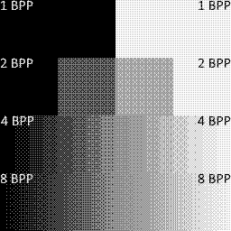 Grayscale color shades with system default 4 BPP palette using a stronger Bayer 8x8 ordered dithering