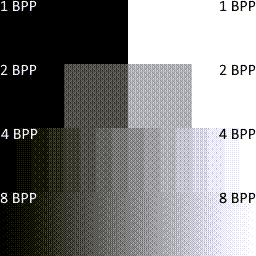 Grayscale color shades with RGB332 palette, using direct color mapping and Bayer 8x8 ordered dithering