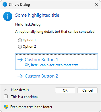 A TaskDialog with all possible texts and icons